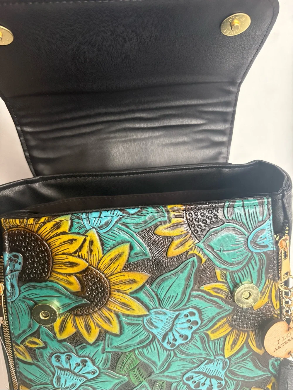 Handpainted Floral Sunflower Vegan Leather Backpack - Black & Teal